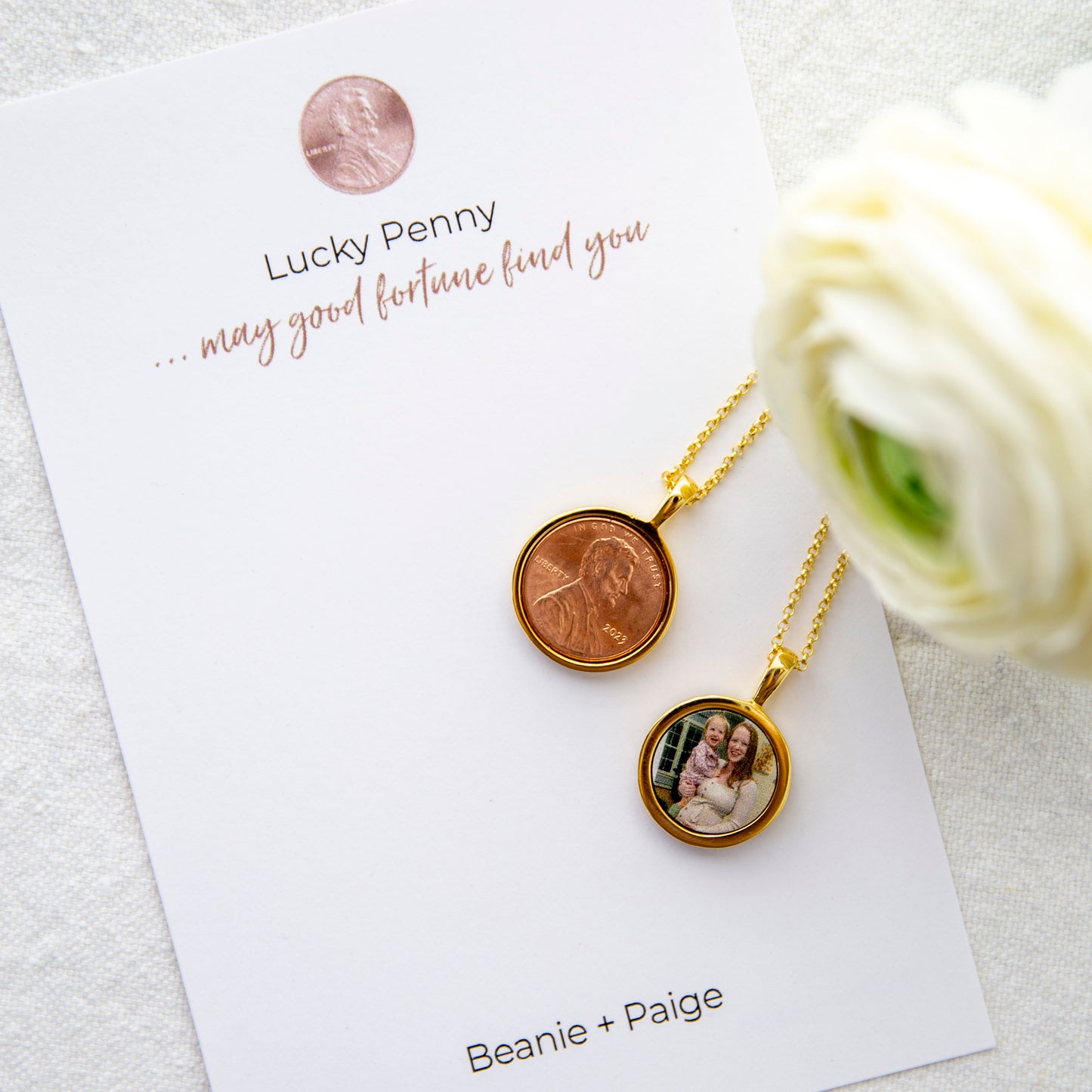 Front and Back of Lucky Penny Necklace Momma & Baby